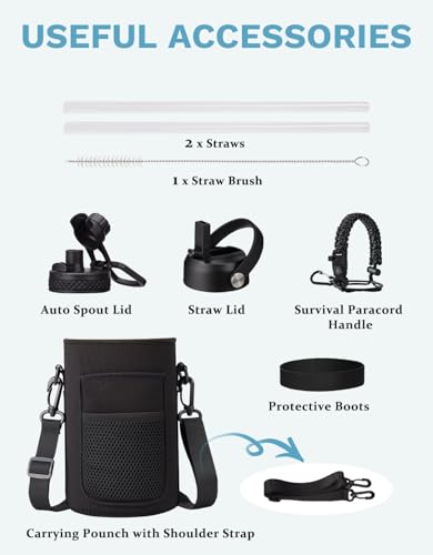 Insulated Water Bottle with Straw Lid Strap Carrier Boot & Paracord Handle G348