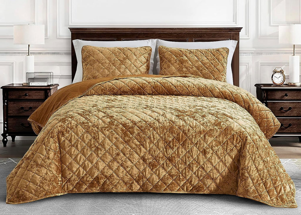 King Size 3-Piece Velvet Quilt Set with Diamond Stitch Quilting R13091