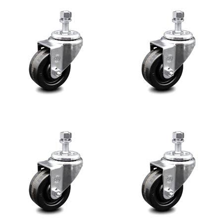 Swivel Threaded Stem Caster Set of 4 with 3.5 inch x 1.25 inch Black Wheels and 1/2 inch Stems I139