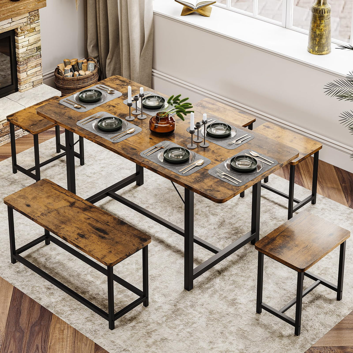 63" Extendable Dining Table Set with Stools I74885