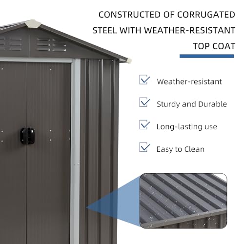 5x3 FT Waterproof Metal Garden Shed with Window and Lockable Double Door Dark Gray T2913