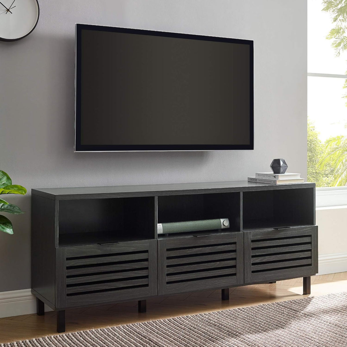 Modern Wood TV Stand with Slat Doors, 58 Inch, Dark Walnut D760670