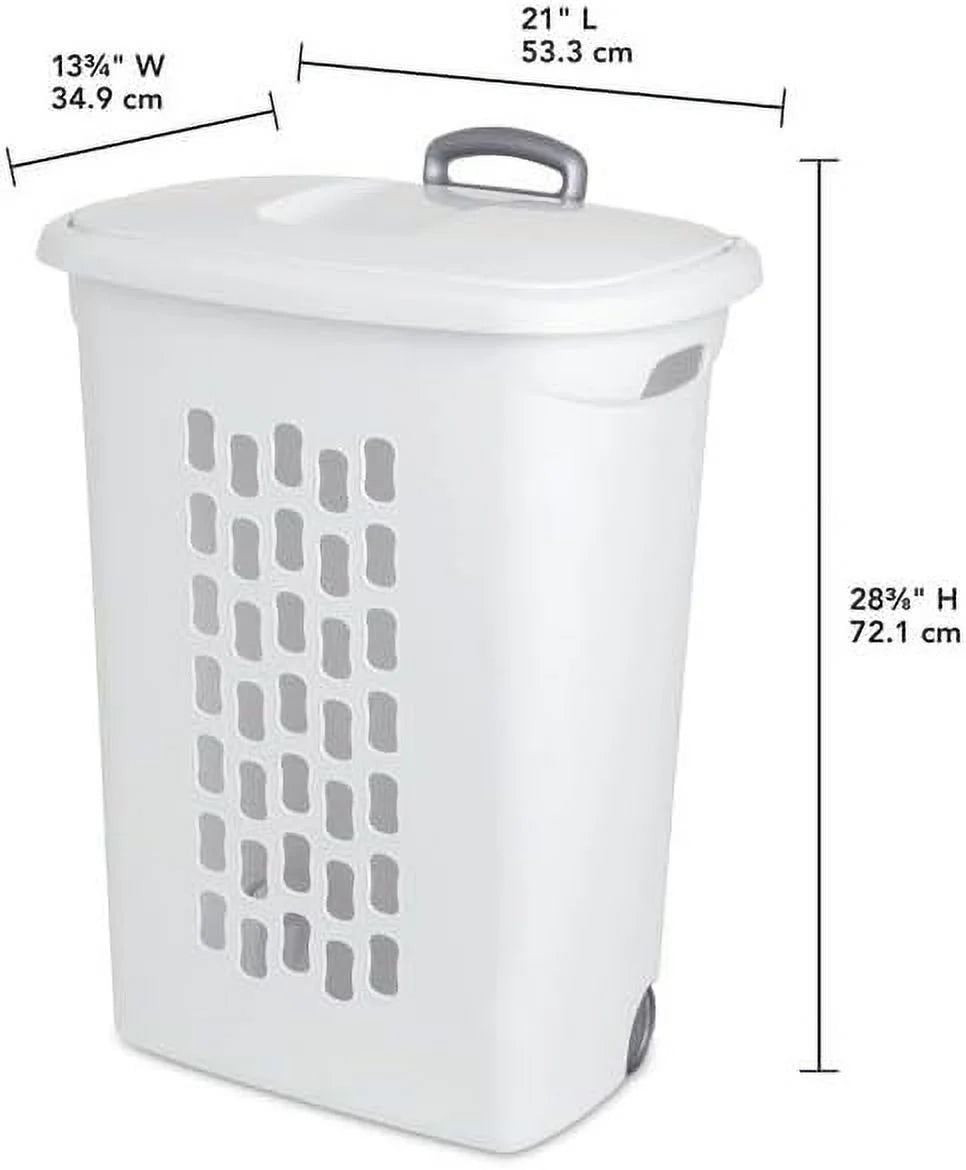White Wheeled Laundry Hamper with Retractable Handle and Lid V97477