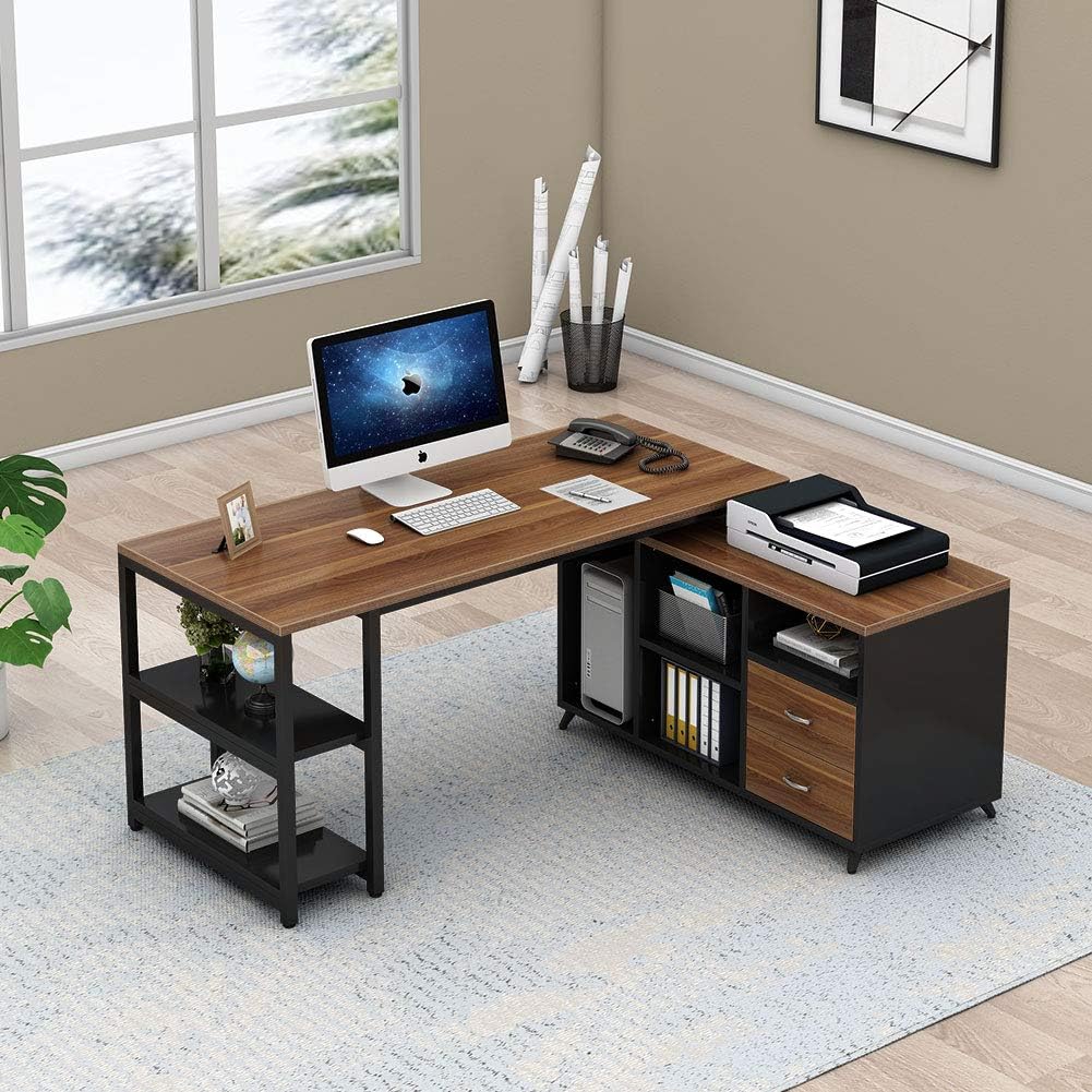 55 Inch L-Shaped Computer Desk with Drawers H35823