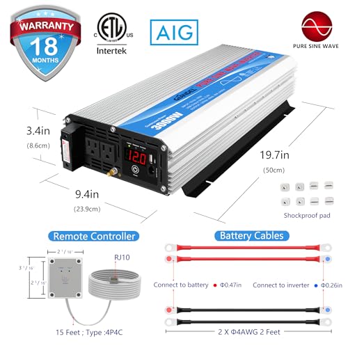 2200W Pure Sine Wave Power Inverter 12V DC to 110V 120V AC with Dual AC Outlets J8403