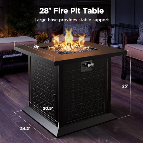 28″ Propane Fire Pit Table with Cup Holders & Hanging Shelf, 50,000 BTU, Glass Stones & Nylon Dust Cover I492310
