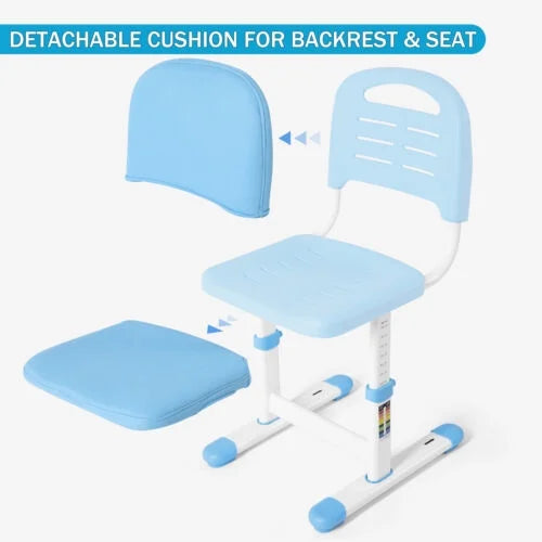 Blue Height Adjustable Kids Study Desk & Chair Set with LED Lamp, Drawer, Bookstand, Chair Cover J69900
