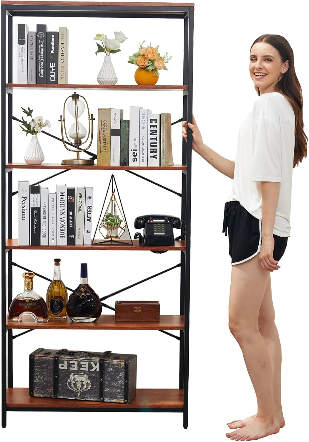 Vintage 5-Layer Metal Frame Wood Bookshelf R695