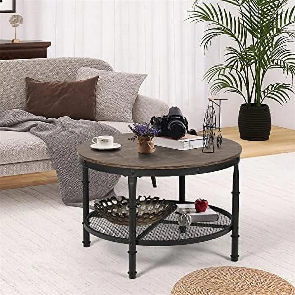 Small Round Coffee Table with Rustic Wood and Metal Legs G366346