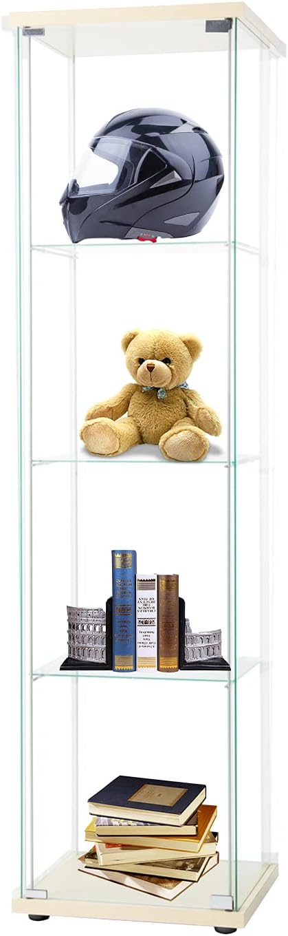 4-Shelf Glass Display Cabinet with Door, Tempered Glass Floor Standing Bookshelf Natural Wood V2150