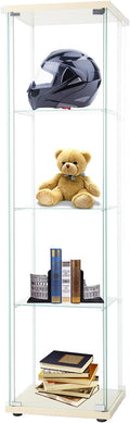 4-Shelf Glass Display Cabinet with Door, Tempered Glass Floor Standing Bookshelf Natural Wood V2150
