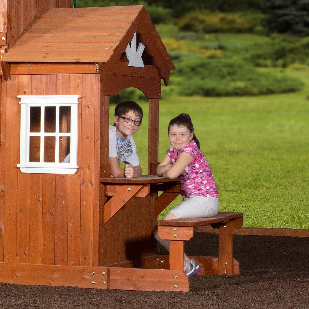 All Cedar Wooden Swing Set with 2 Belt Swings, Trapeze Bar, 10 ft Wave Slide, Playhouse, Play Kitchen, Rock Wall, Bench J9500