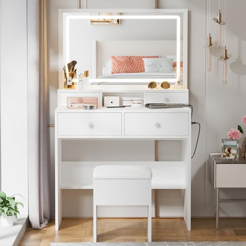 White Makeup Vanity with Lighted Mirror and Charging Station V161651