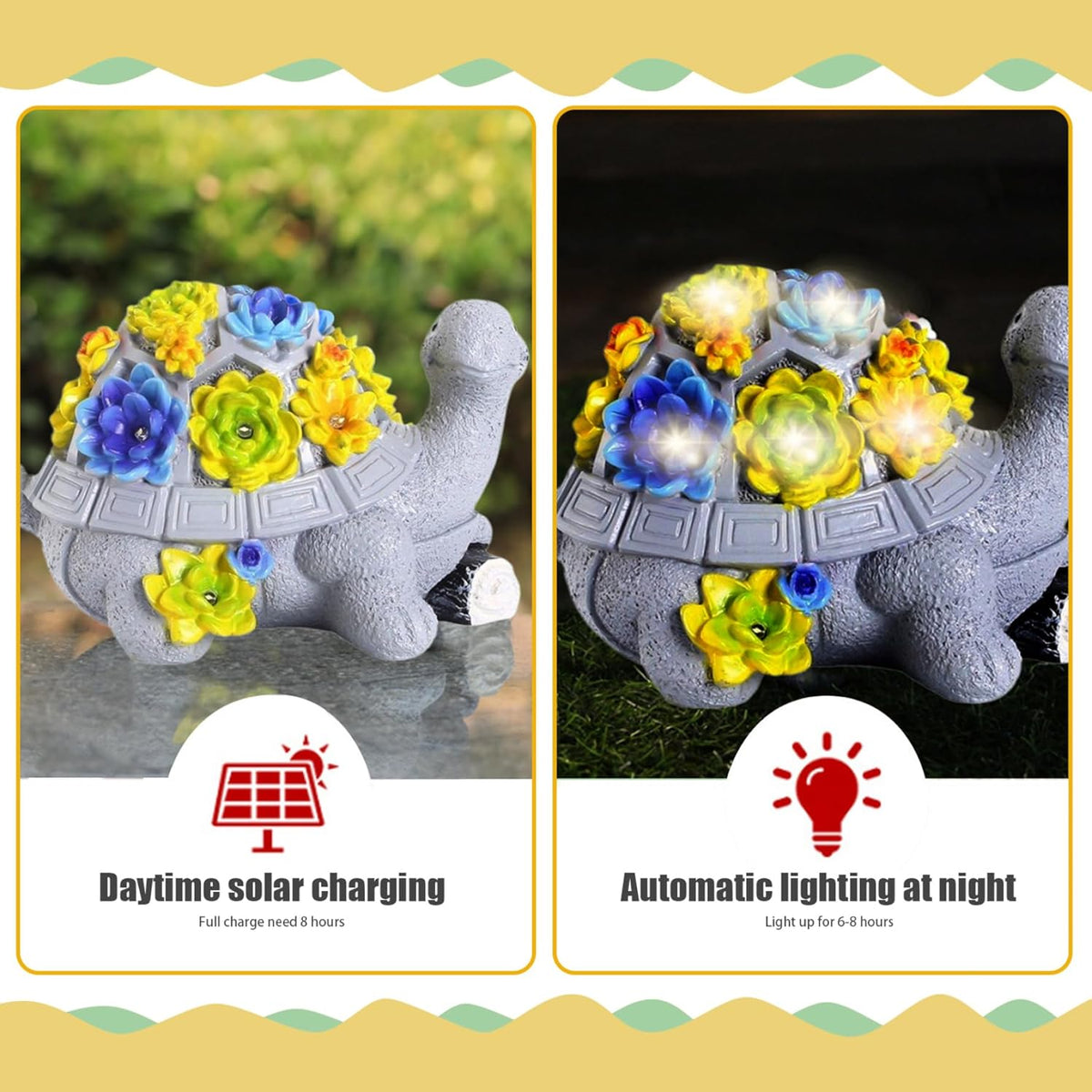 Turtle Garden Statue with 7 LED Succulent Lights, Resin Turtle Garden Decor L8340