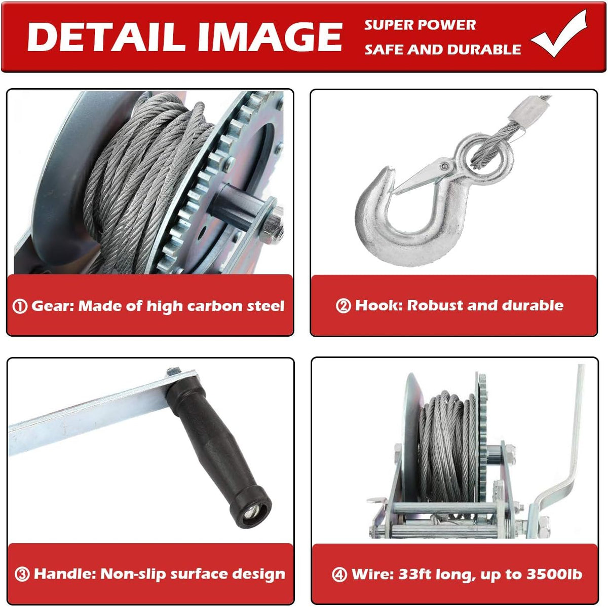 3500lbs Steel Hand Winch Cable, Pack of 2 J4663