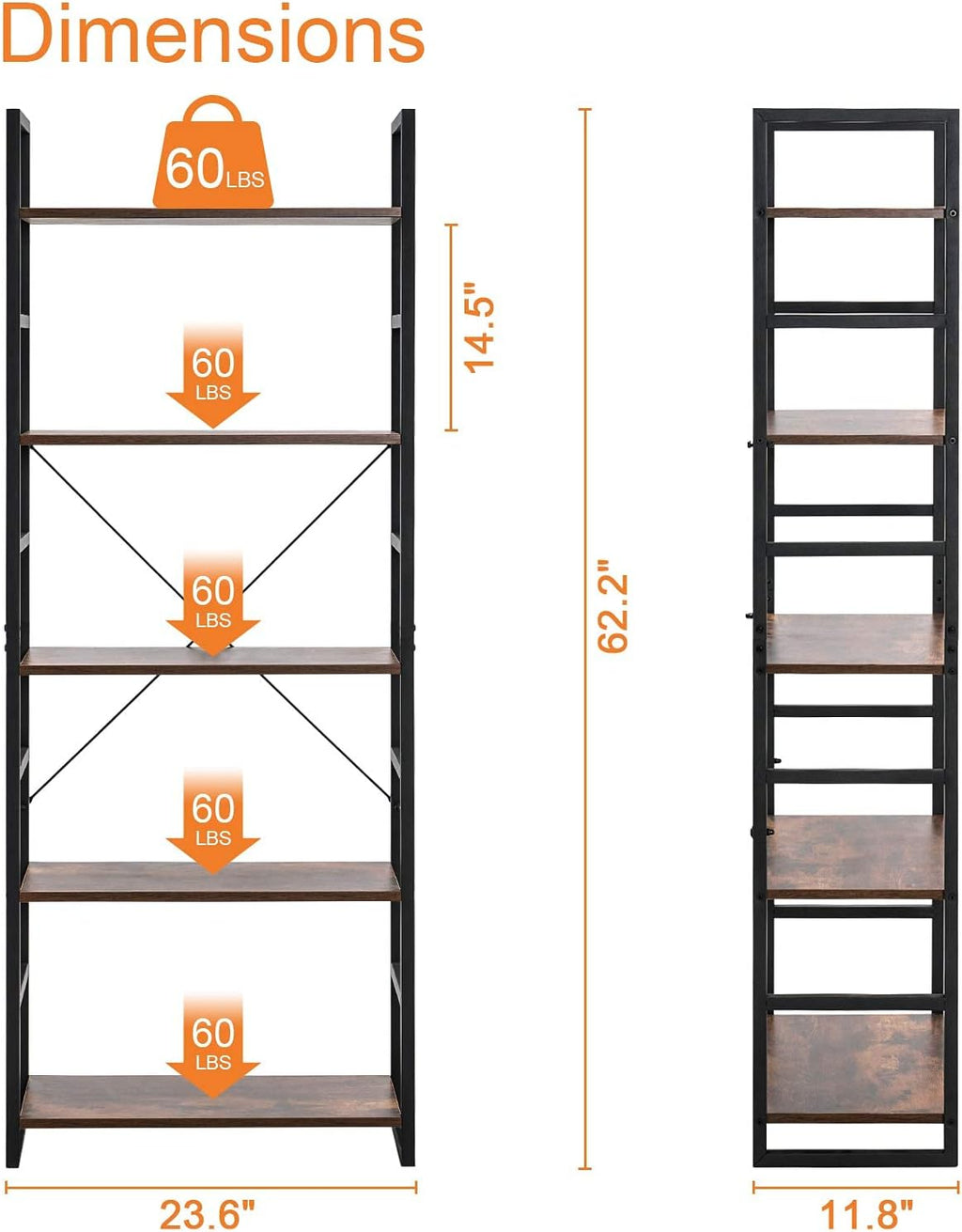 5 Tier Tall Bookshelf Bookcase, Brown Y934199