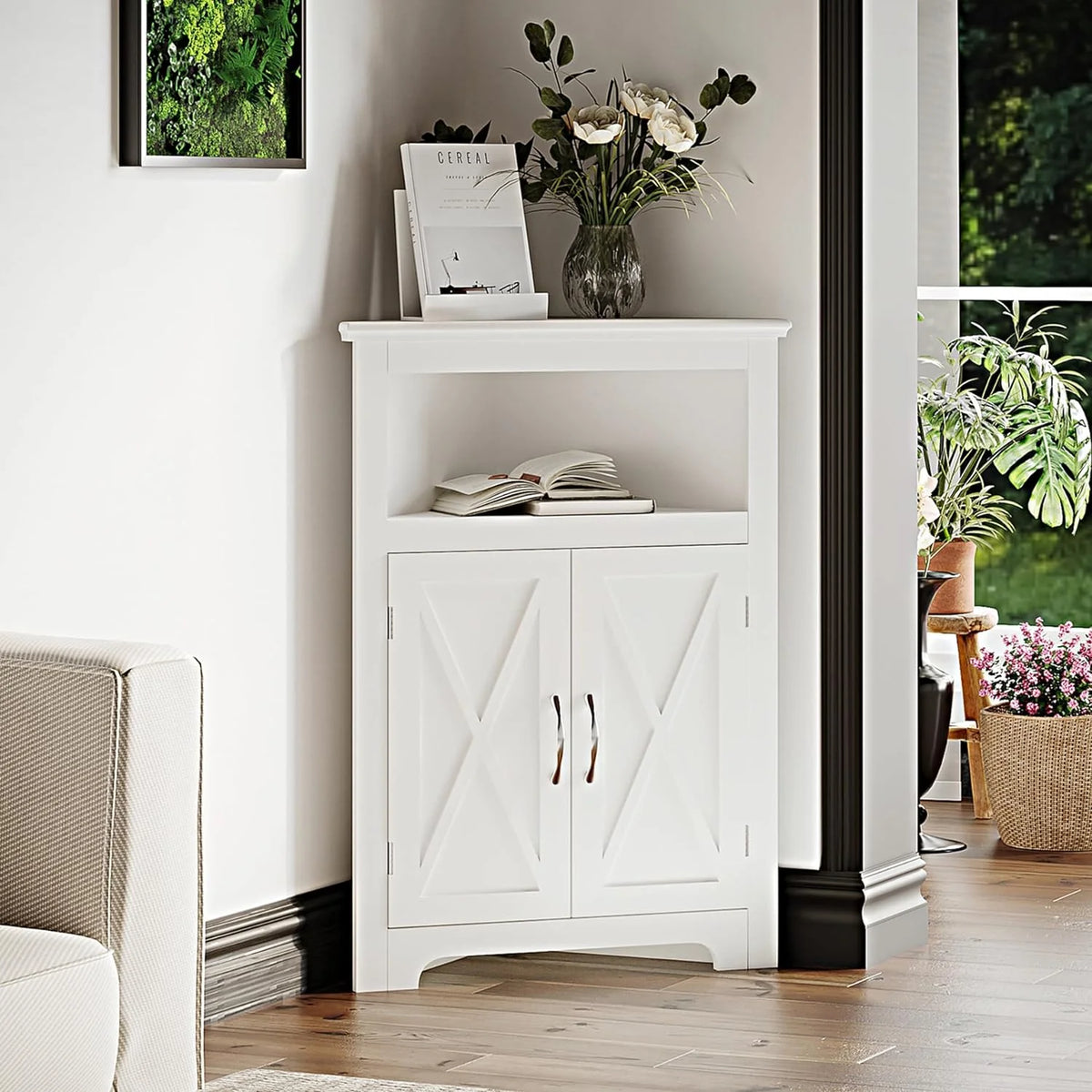 White Corner Storage Cabinet with Barn Door and Adjustable Shelf S5640