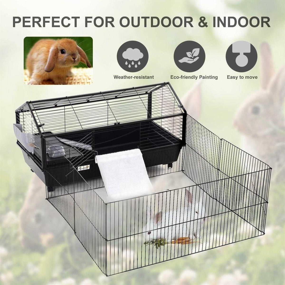 Rolling Metal Small Animal Hutch Cage with Main House and Run E7207