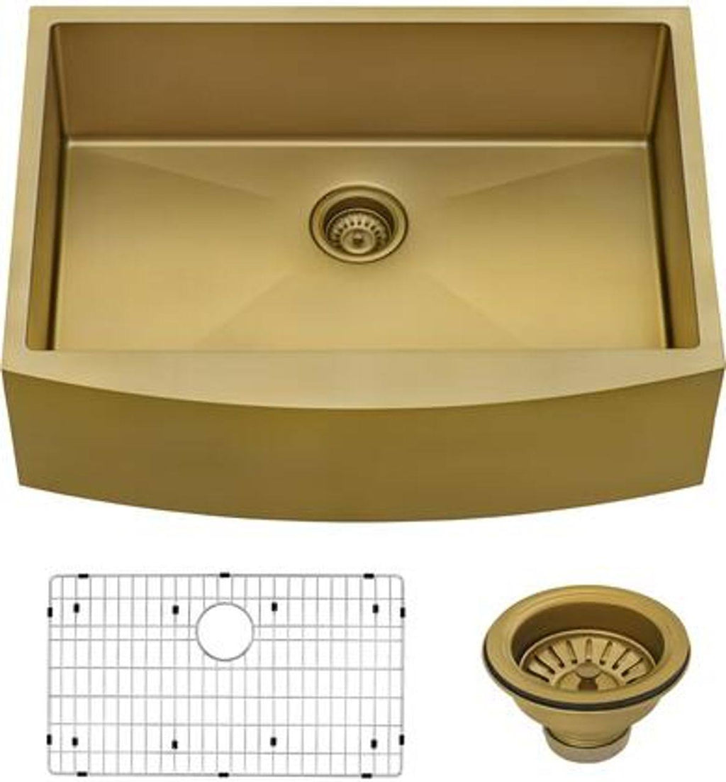 30-Inch Apron-Front Farmhouse Kitchen Sink Brass Tone Matte Gold Stainless Steel Single Bowl T955322