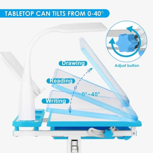 Blue Height Adjustable Kids Study Desk & Chair Set with LED Lamp, Drawer, Bookstand, Chair Cover J69900