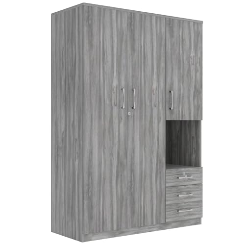Grey Wooden Armoire Wardrobe with 6-Tier Shelves and 3 Drawers S55612