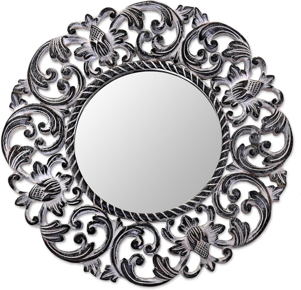 Black and White Floral Wood Wall Mounted Mirror U8055