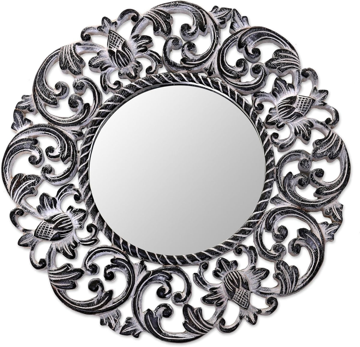 Black and White Floral Wood Wall Mounted Mirror U8055
