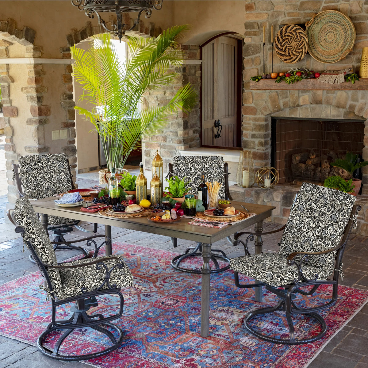 Black Damask Outdoor Dining Chair Cushion 20 x 20 B290