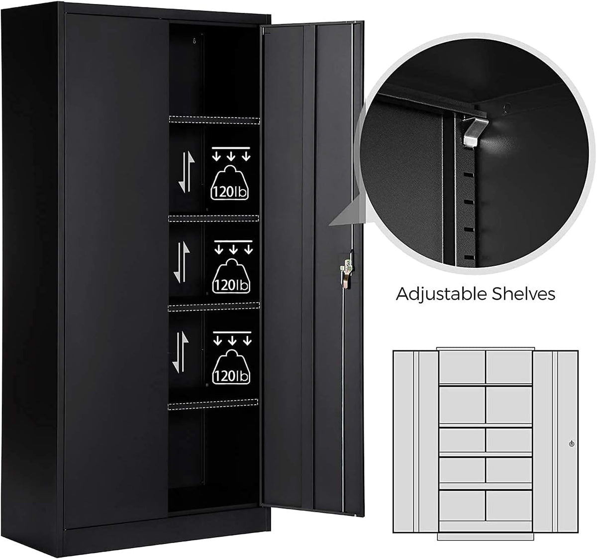 Black Metal Storage Cabinet with 4 Adjustable Shelves and 2 Locking Doors N170194