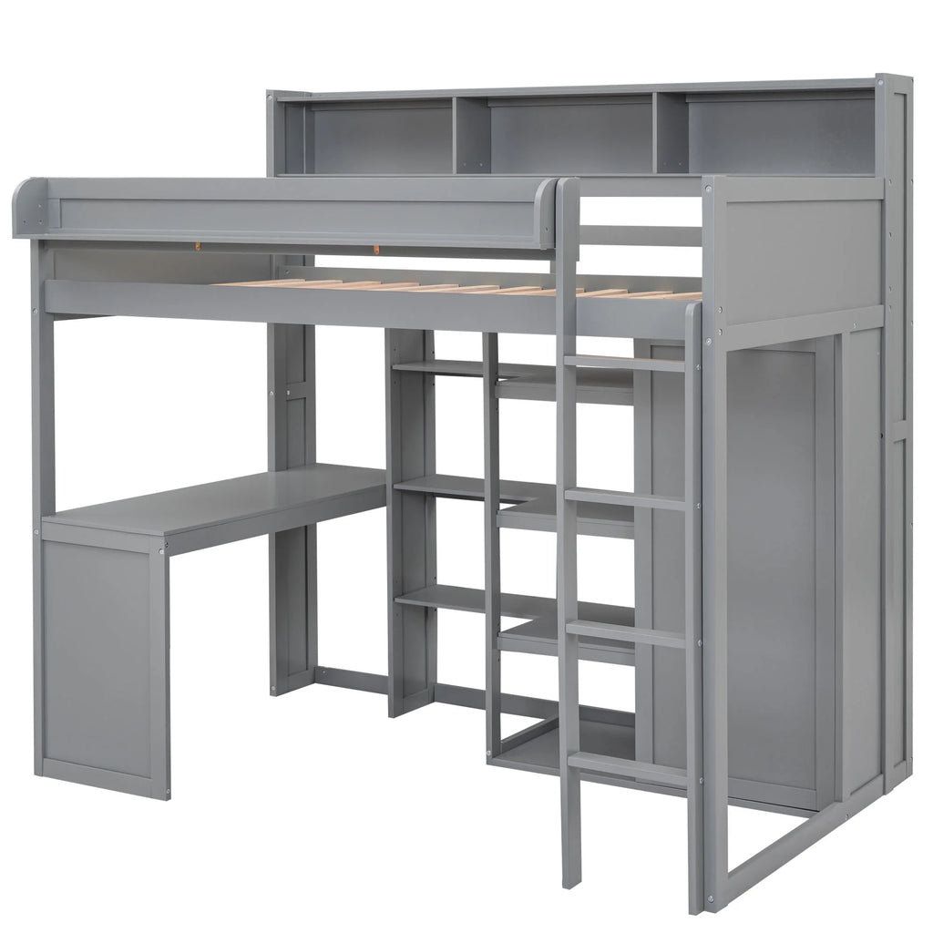 Gray Pine Wood Twin Size Loft Bed with Desk and Wardrobe W71231