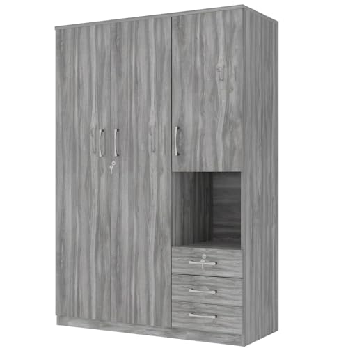 Grey Wooden Armoire Wardrobe with 6-Tier Shelves and 3 Drawers S55612