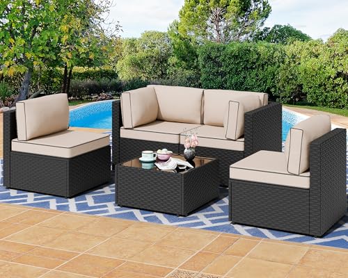5 Pieces PE Wicker Outdoor Sectional Sofa with Glass Coffee Table S7149