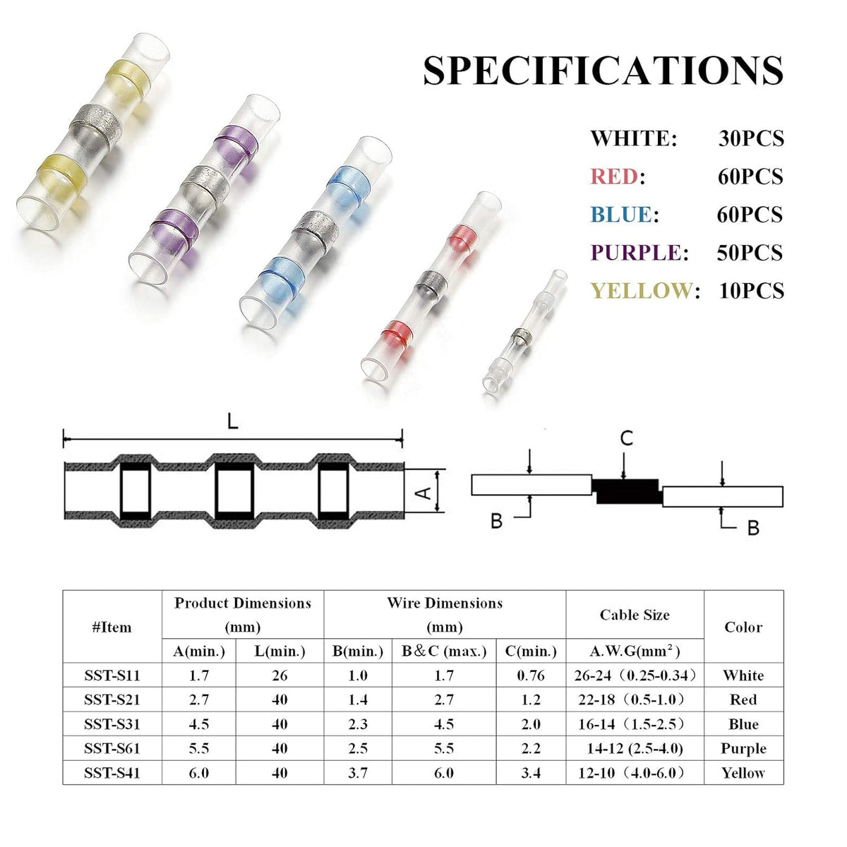 210PCS Self-Solder Heat Shrink Butt Connectors Waterproof Insulated Wire Terminals O90546