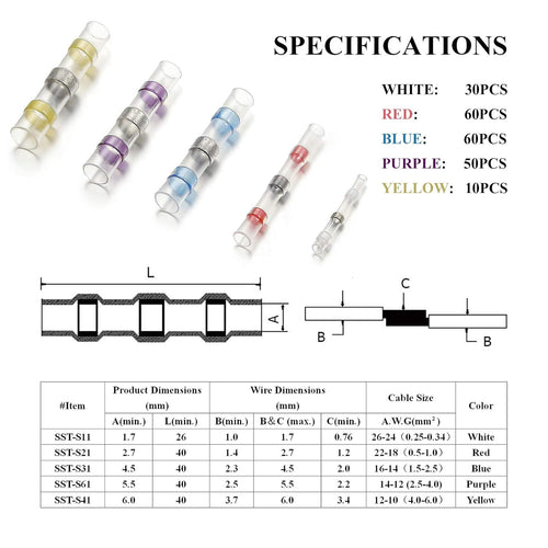 210PCS Self-Solder Heat Shrink Butt Connectors Waterproof Insulated Wire Terminals O90546