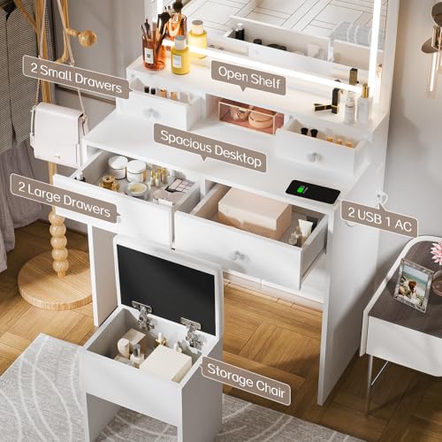 White Makeup Vanity with Lighted Mirror and Charging Station V161651