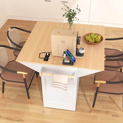 Large Kitchen Island Cart with 2 Drop Leaf, Mobile Dining Table with Storage Cabinet, Rolling Kitchen Cart with Power Outlets, 3 Drawers, Spice & Towel Rack X87355