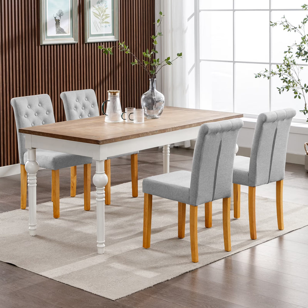 Light Grey Linen Upholstered Dining Chair Set of 4 with Solid Wood Frame T39853