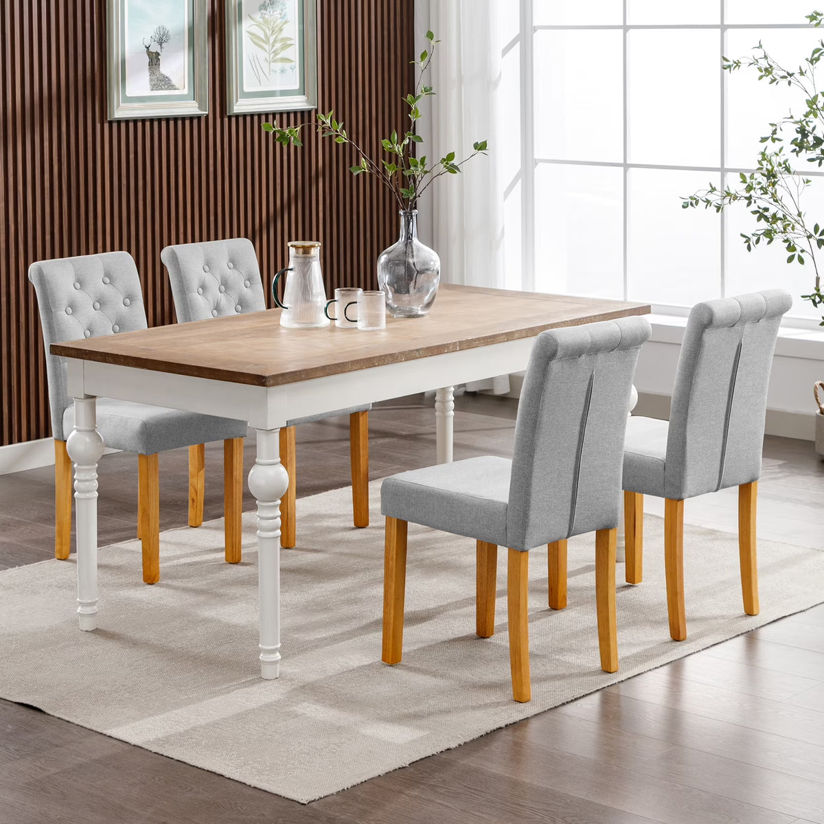 Light Grey Linen Upholstered Dining Chair Set of 4 with Solid Wood Frame T39853