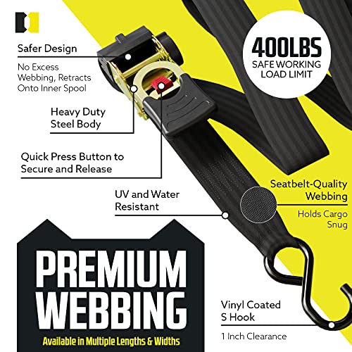 Retractable Ratchet Straps, 2 Pack (1 inch x 10 feet) - Black Ratchet Strap Tie Downs S3595
