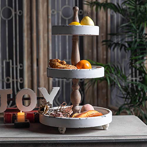 Distressed White 3 Tiered Wood Tray Stand Y53537