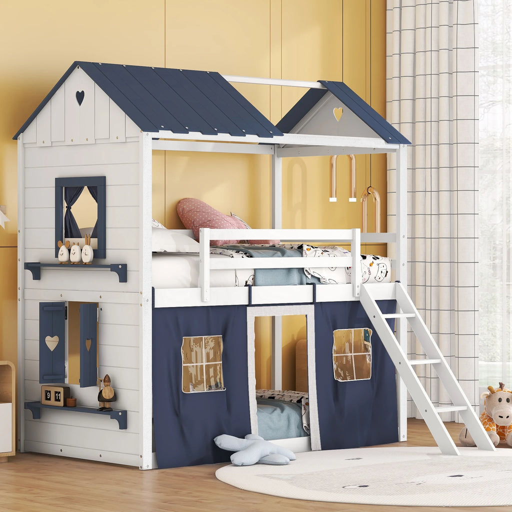 Twin Size Bunk Wood House Bed with Tent W64237