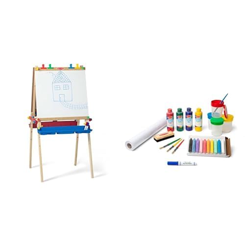 Wooden Double-Sided Art Easel with Dry-Erase Board, Chalkboard & Paper Roller Y1054