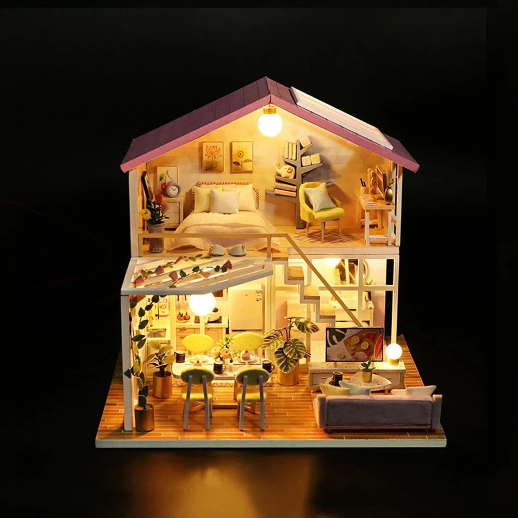 Wooden Doll House Building Puzzle with Furniture and LED Light I7474