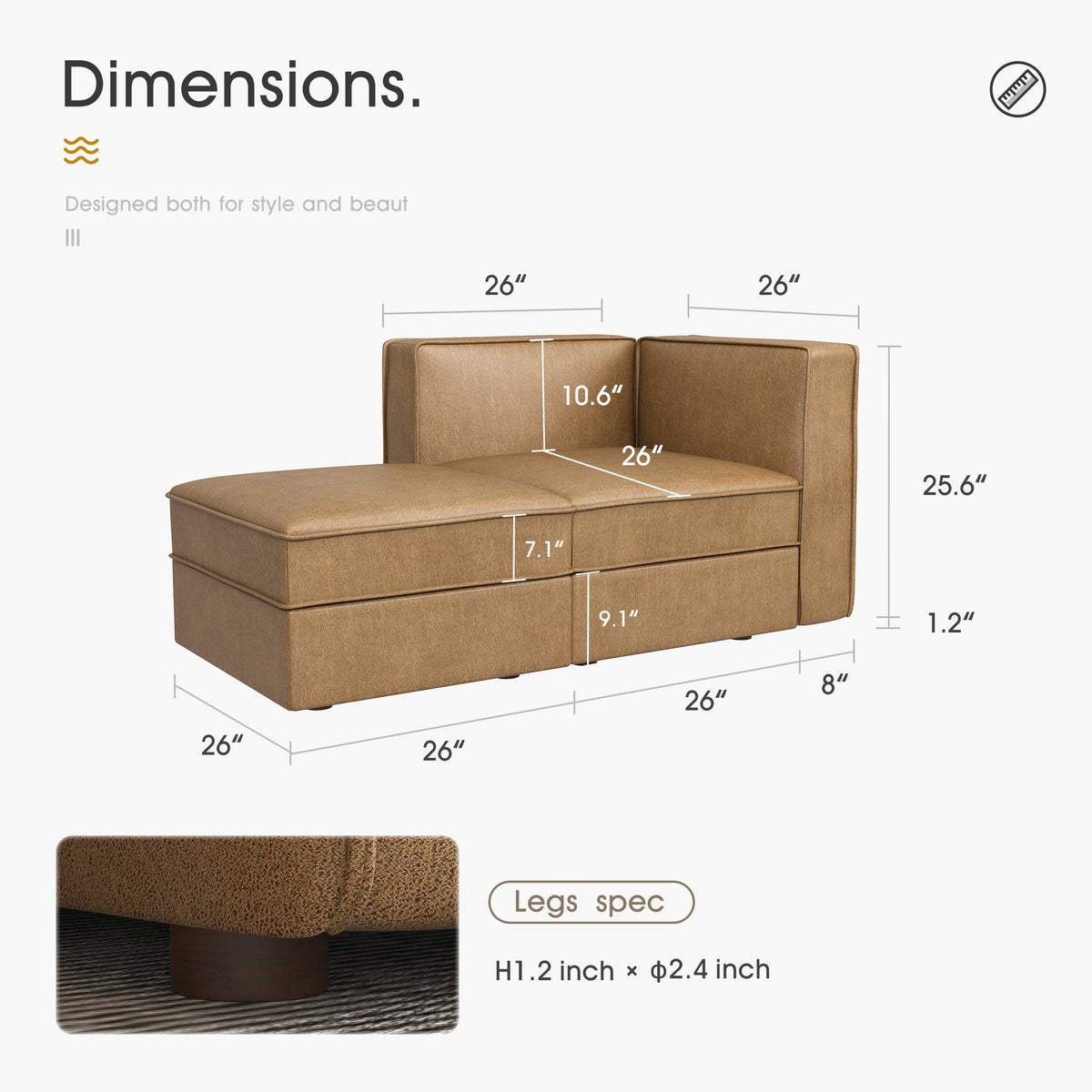 Modular Sectional Couch Sofa with Reversible Storage Chaise, Caramel Brown G1237