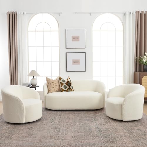 Cream Boucle Swivel Barrel Chair with Round Ottoman Set X614467