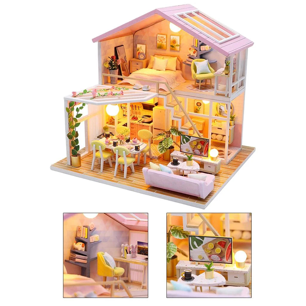Wooden Doll House Building Puzzle with Furniture and LED Light I7474