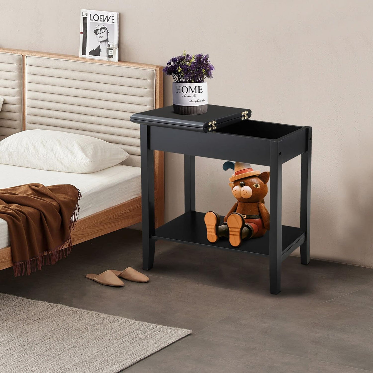 Flip Top End Table Wooden Sofa Side Table with Storage and Shelf M90942