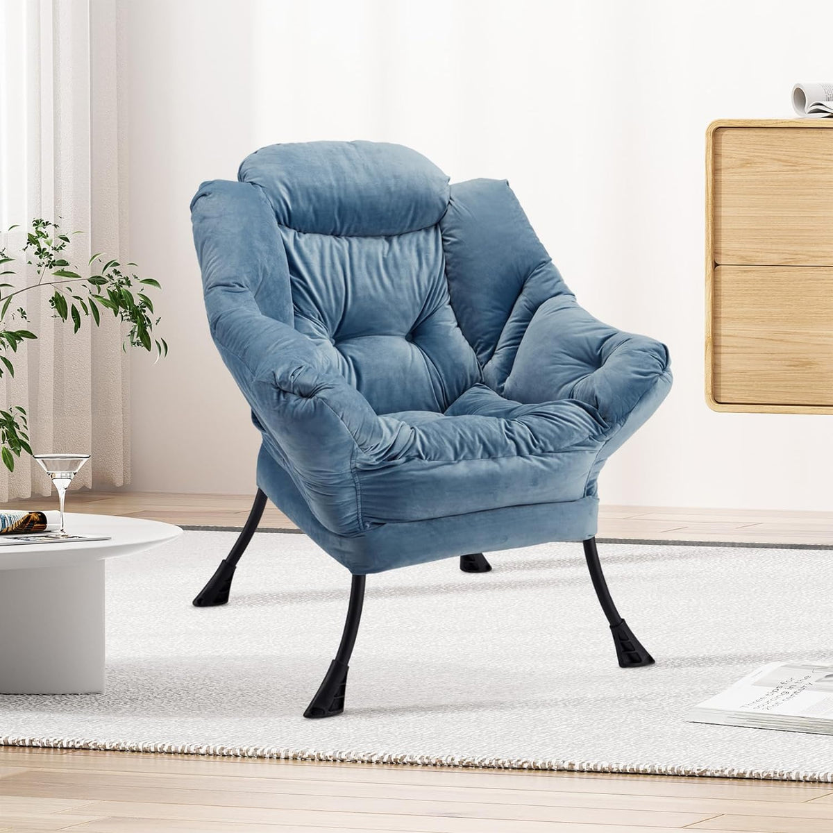 Blue Velvet Lounge Chair with Steel Frame and Side Pocket B944227