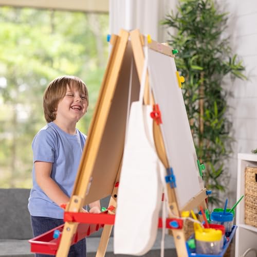 Wooden Double-Sided Art Easel with Dry-Erase Board, Chalkboard & Paper Roller Y1054