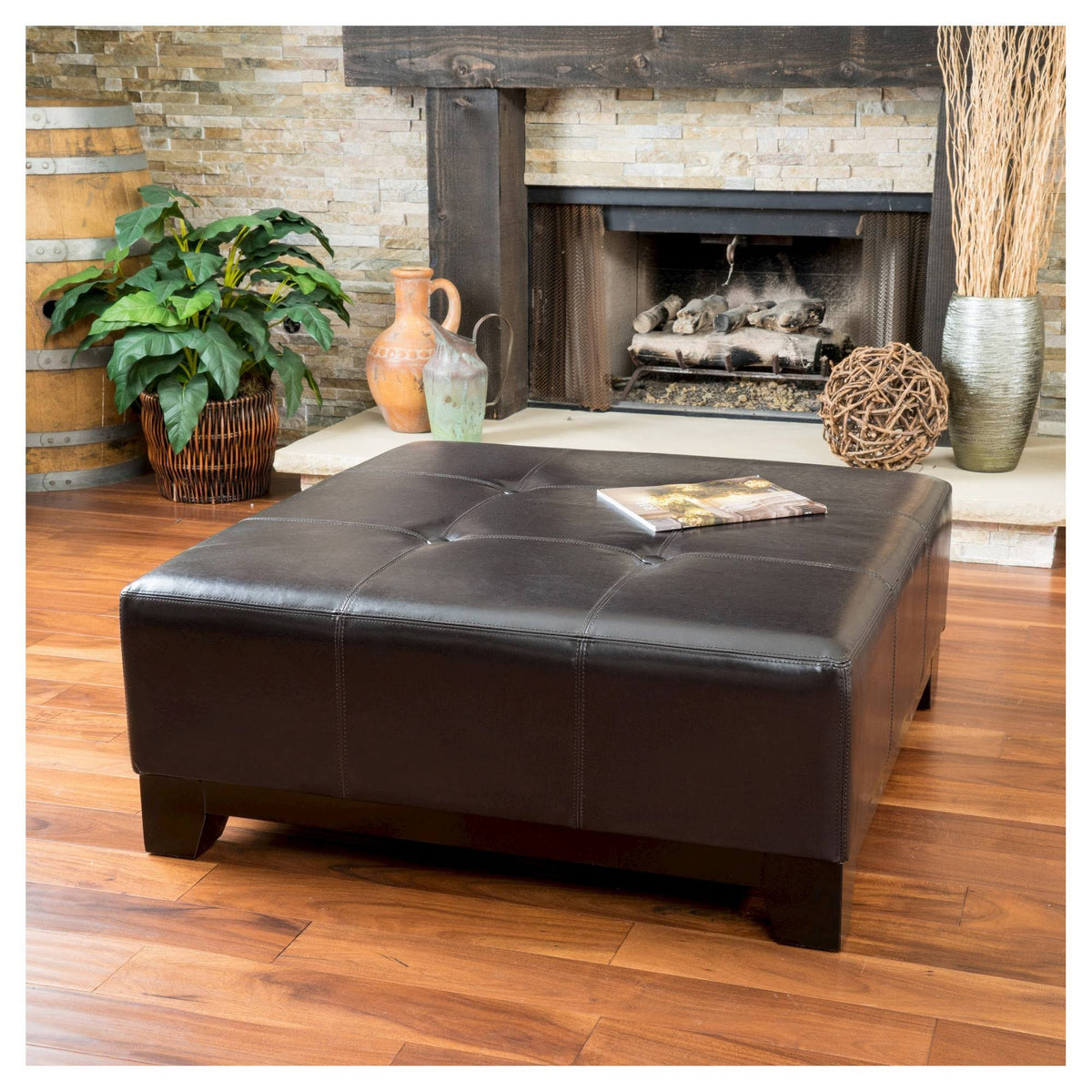 Espresso Leather Ottoman V43856